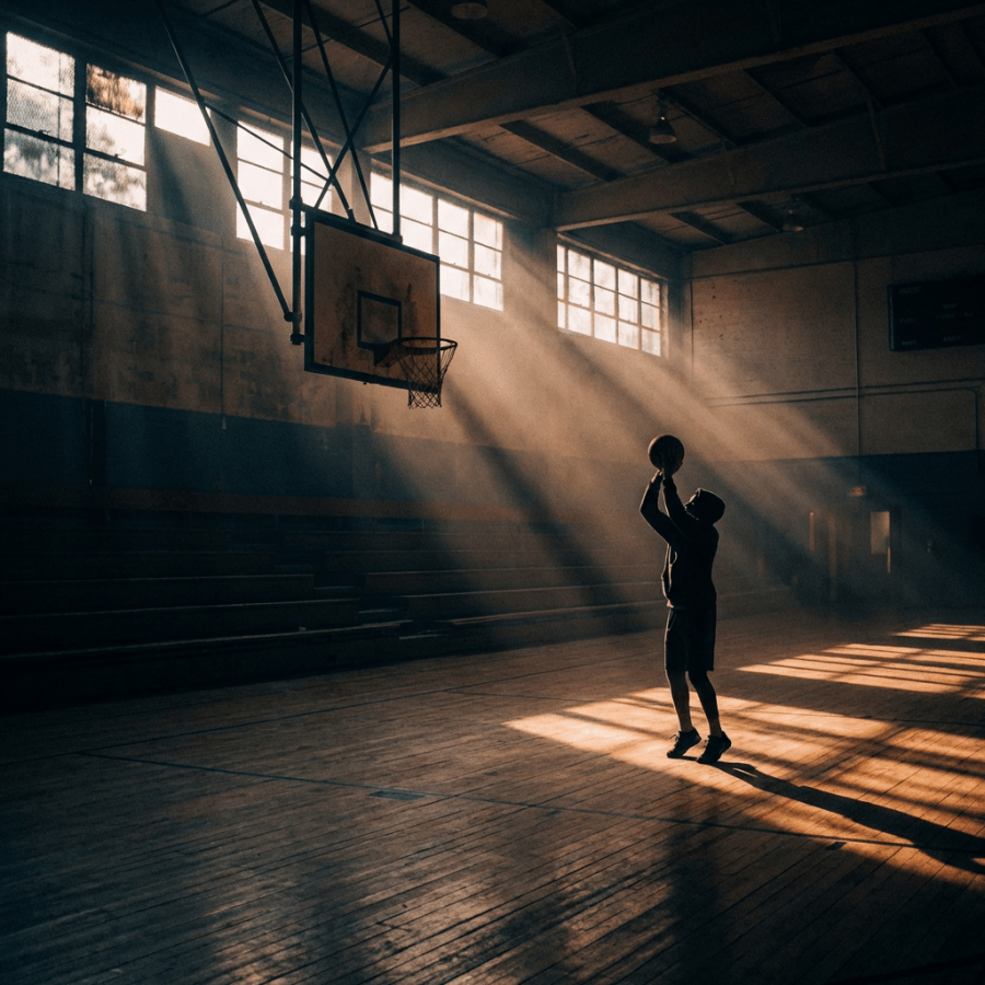 Dramatic indoor basketball court cinematic lighting