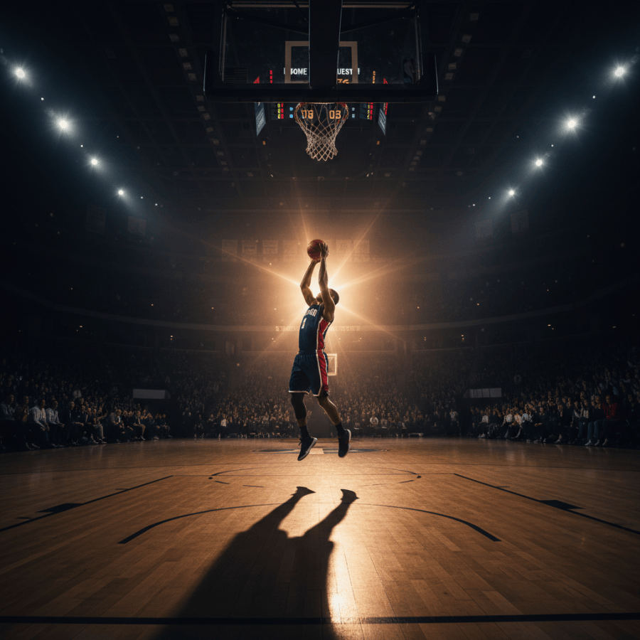 Dramatic indoor basketball scene cinematic lighting