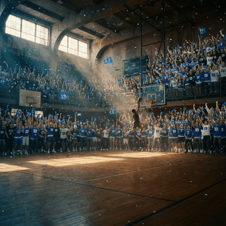 Basketball player jumping to dunk in a sunlit, dusty old gymnasium.