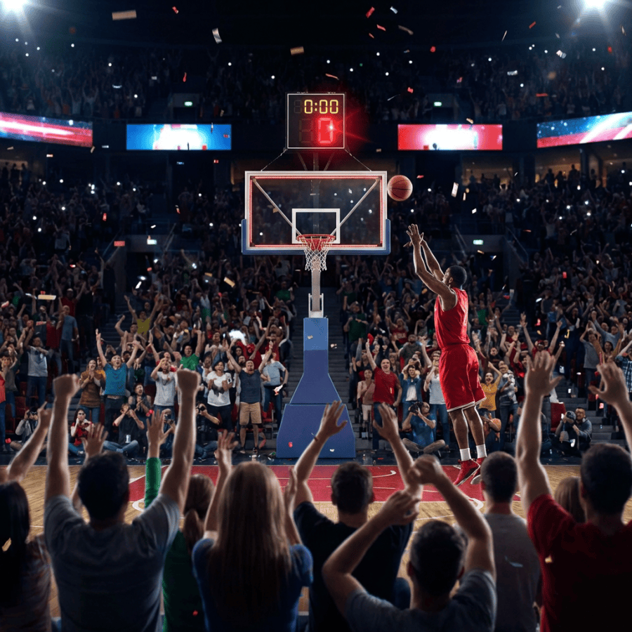 Basketball player in red shooting a final shot in a crowded stadium at the buzzer.
