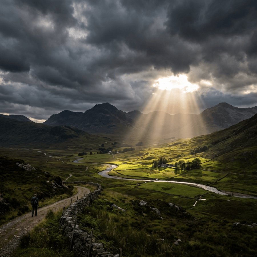 Sunlight shines through dark clouds onto a lush valley with winding river and distant mountains