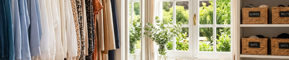 Walk-in closet with hanging clothes, folded sweaters, labeled baskets, and a window bench seating area