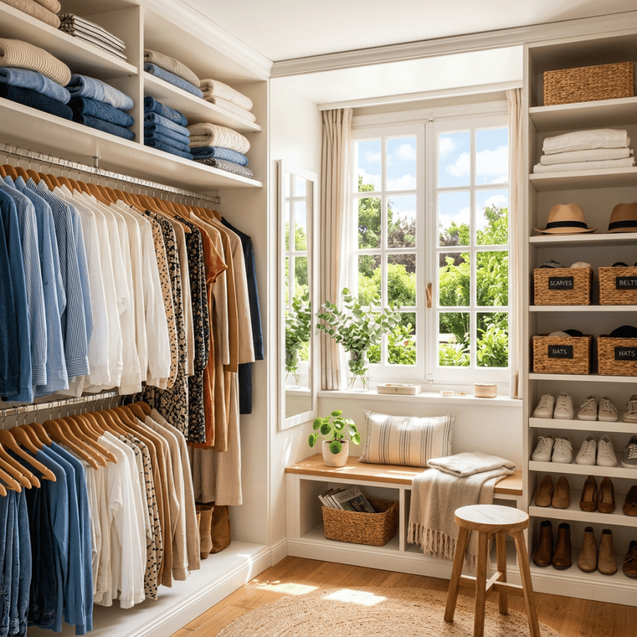 Walk-in closet with hanging clothes, folded sweaters, labeled baskets, and a window bench seating area
