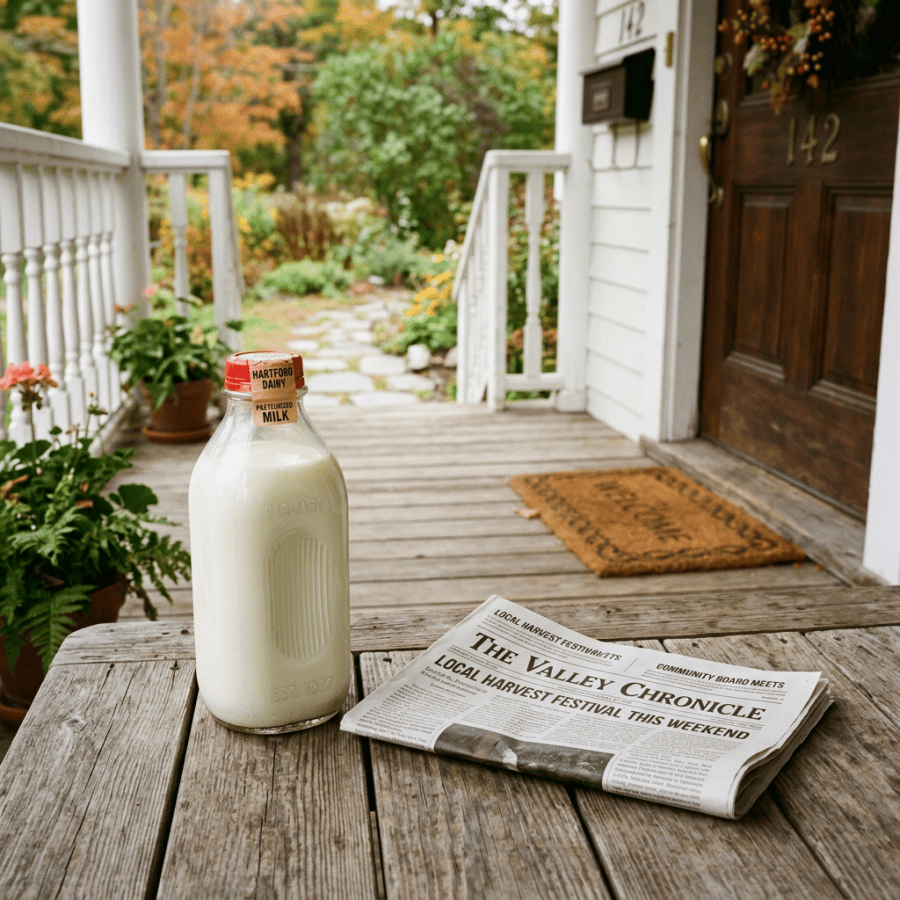 Glass bottle of milk with red cap and folded newspaper on a wooden porch table