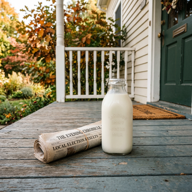 Glass bottle of Oakwood Dairy fresh milk and rolled newspaper on porch floor