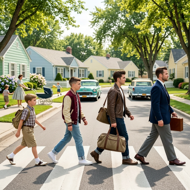 Four males walking across a city street at different ages from 2012 to 2029