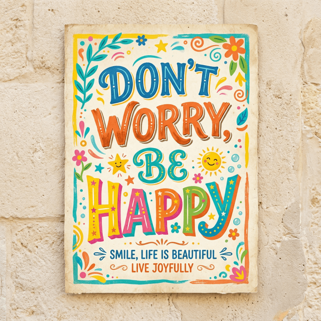 Poster with colorful text saying 'Don't Worry, Be Happy' and 'Smile, Life Is Beautiful Live Joyfully'