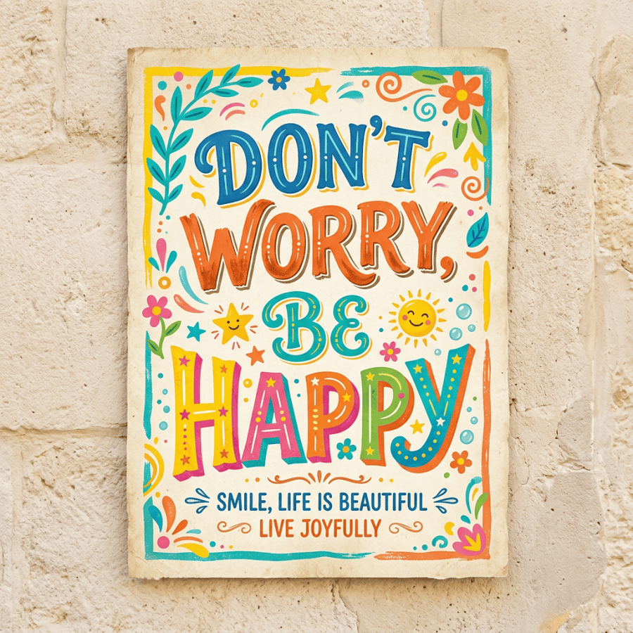 Poster with colorful text saying 'Don't Worry, Be Happy' and 'Smile, Life Is Beautiful Live Joyfully'