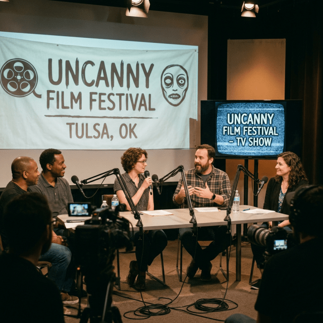 Five people seated at a table with microphones in a recorded discussion for Uncanny Film Festival