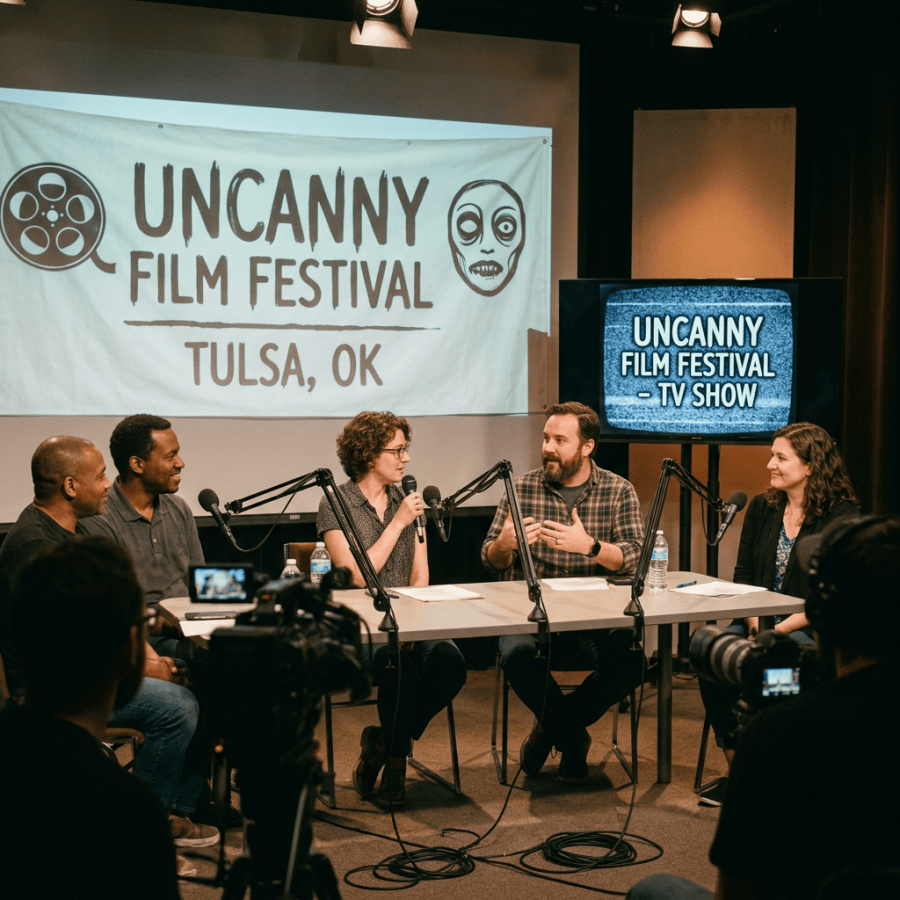 Five people seated at a table with microphones in a recorded discussion for Uncanny Film Festival