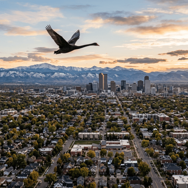 Black swan flying above residential area with Denver city skyline and snow-capped mountains