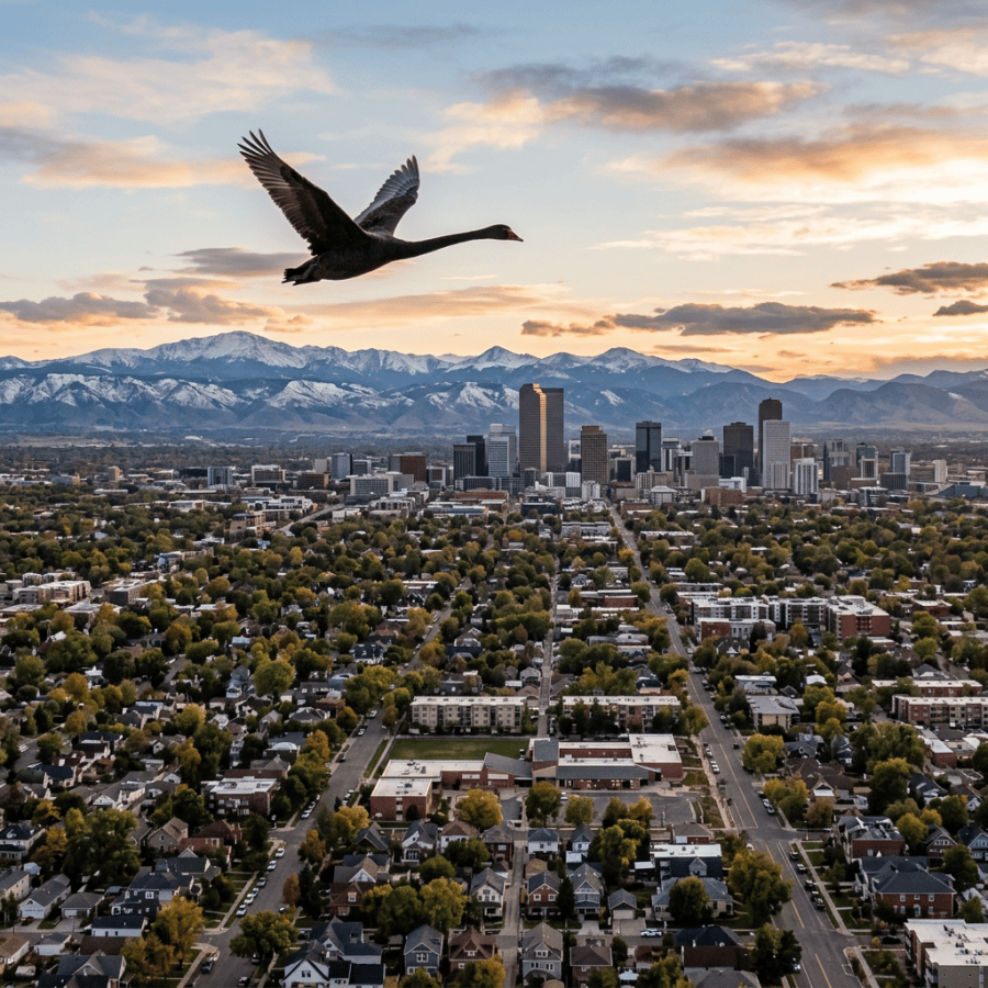 Black swan flying above residential area with Denver city skyline and snow-capped mountains