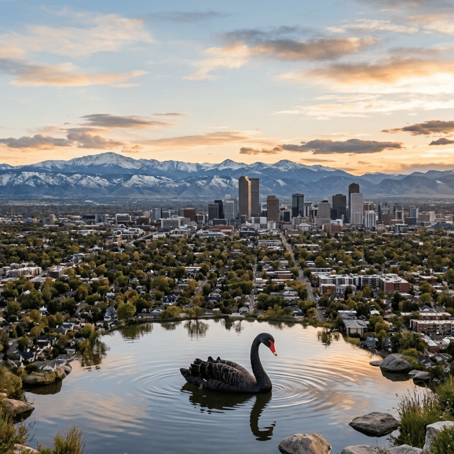 Black swan flying above residential area with Denver city skyline and snow-capped mountains