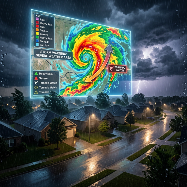 Suburban neighborhood under heavy rain with flashing lightning and an overlaid weather map showing a hurricane and tornado watch