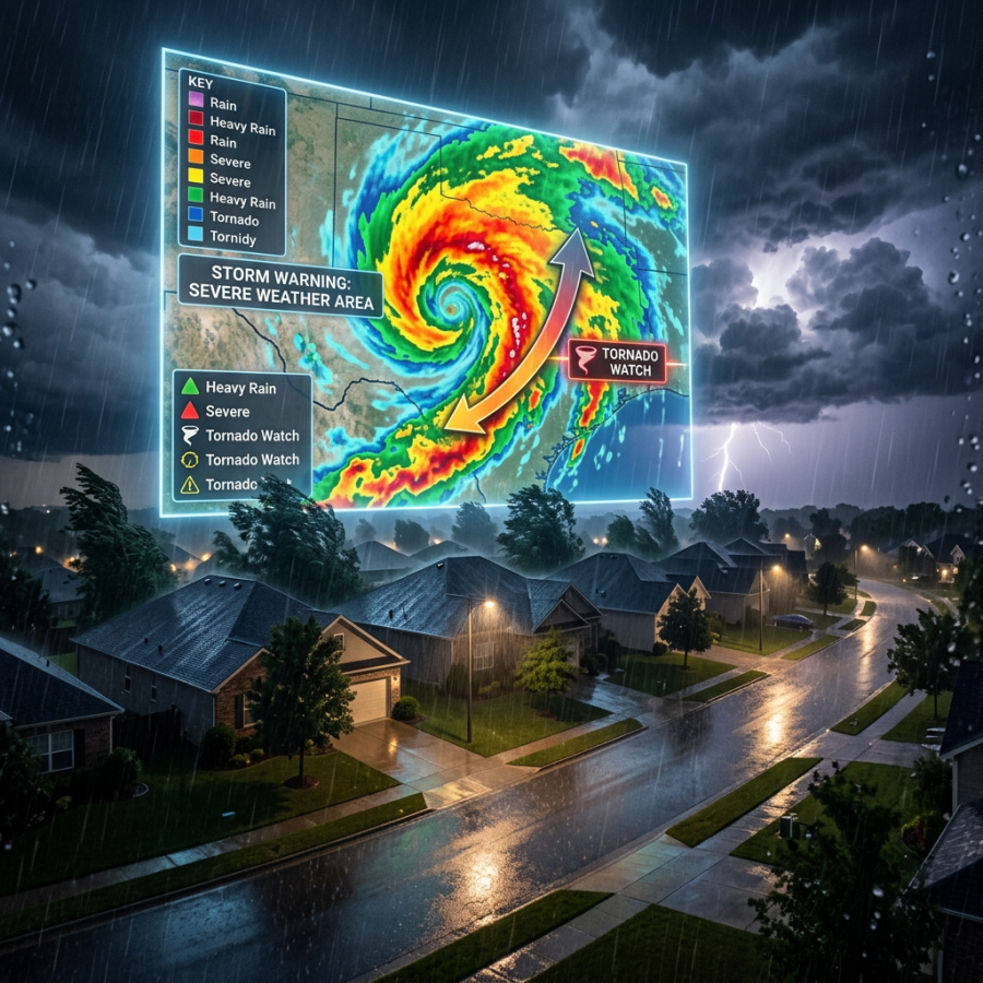 Suburban neighborhood under heavy rain with flashing lightning and an overlaid weather map showing a hurricane and tornado watch