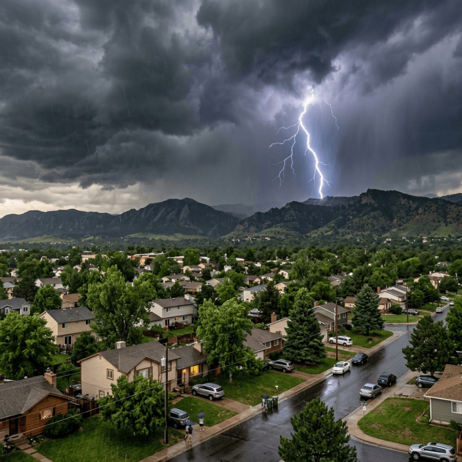 Summer thunderstorm over suburban Colorado with lightning