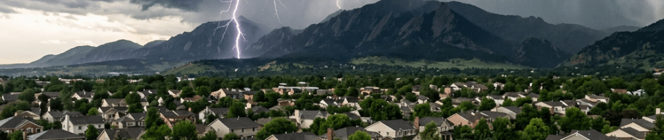 Lightning bolts from dark storm clouds above a suburban neighborhood with wet streets and nearby mountains