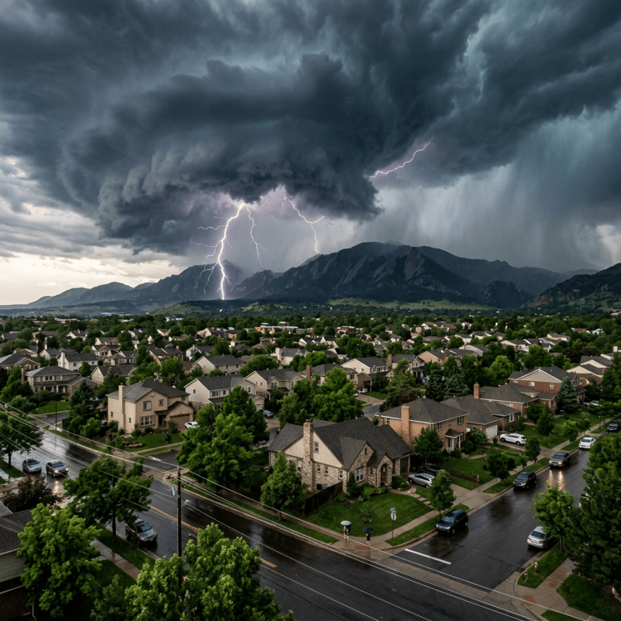 Lightning bolts from dark storm clouds above a suburban neighborhood with wet streets and nearby mountains