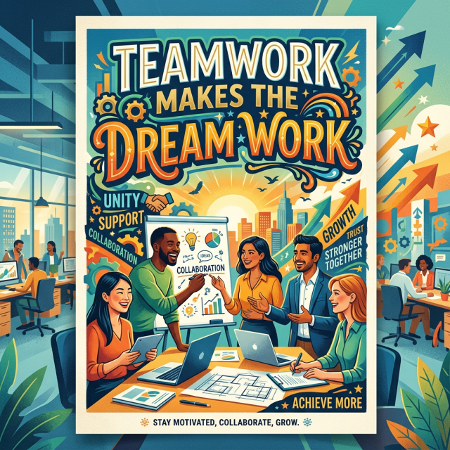 Team of people collaborating around a table with laptops and charts, motivational poster text