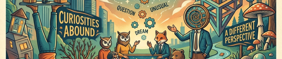Surreal scene with anthropomorphic figures and abstract symbols about curiosity and perspective