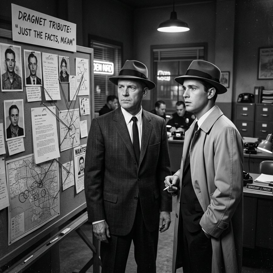 Two detectives beside a case board reading “DRAGNET TRIBUTE: JUST THE FACTS, MA’AM”