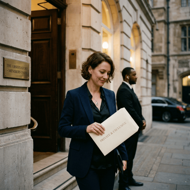 Woman holding a “PRIVATE & EXCLUSIVE” envelope outside The Observatory members-only entrance