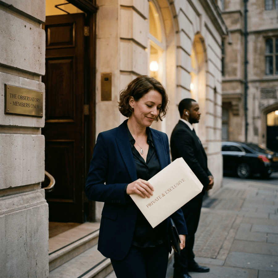 Woman holding a “PRIVATE & EXCLUSIVE” envelope outside The Observatory members-only entrance