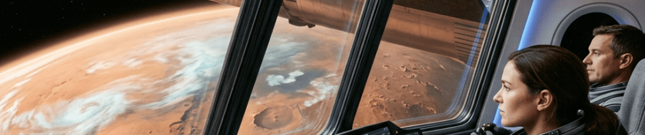 Two astronauts monitor spacecraft controls above the surface of Mars