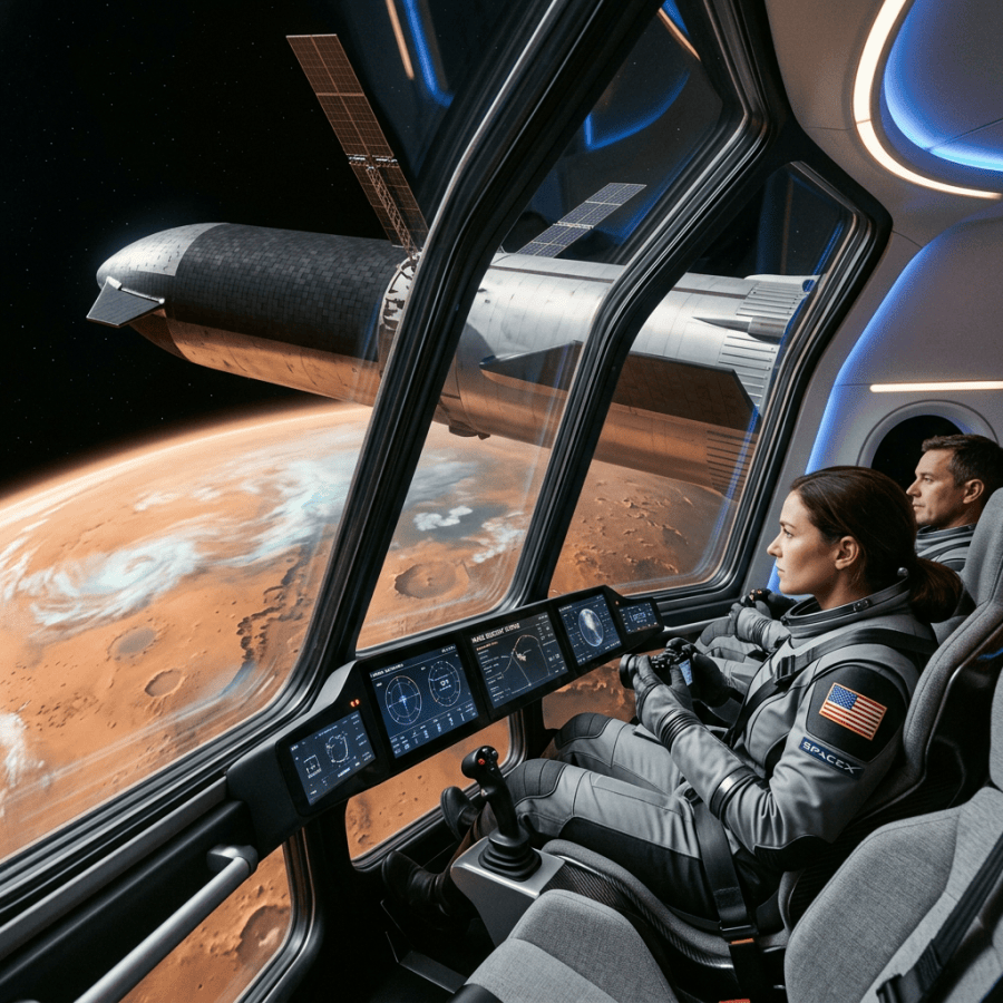 Two astronauts monitor spacecraft controls above the surface of Mars