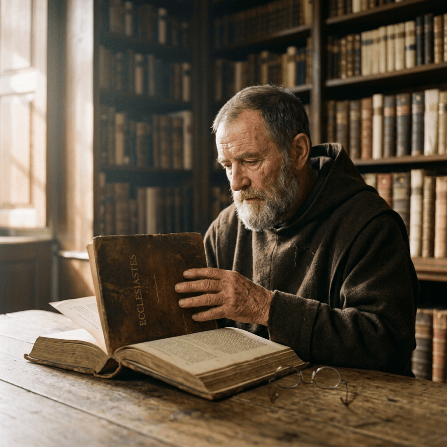 Bearded man reading Ecclesiastes beside open books in a library