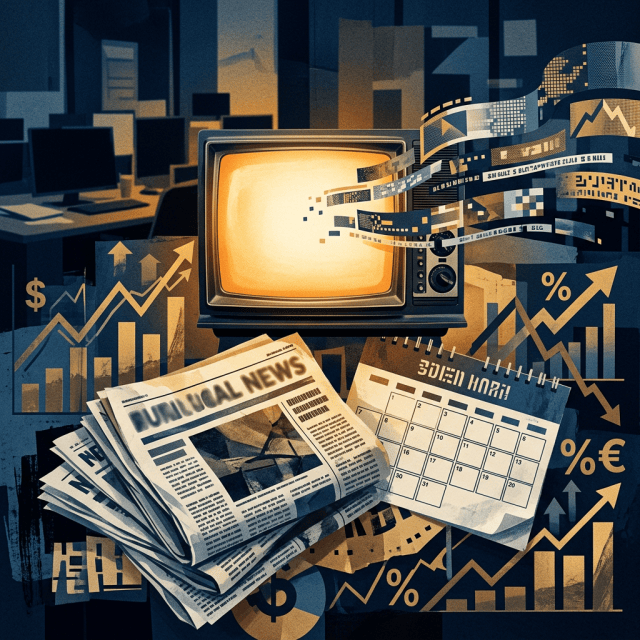 Vintage television surrounded by newspapers, financial charts, currency symbols, and market graphs